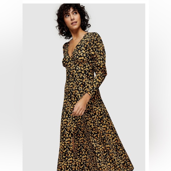 Topshop Dresses & Skirts - TOPSHOP V-Neck Floral Textured Midi Dress Long Sleeve Sun Dress Slits Puff NWT
